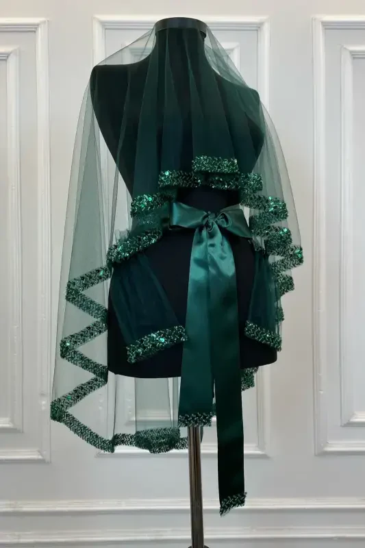 Emerald Green Elegant Bridal Veil Set, Henna Veil Set with Water Stone 6 Pieces - Emerald Green - ZEYMERADE