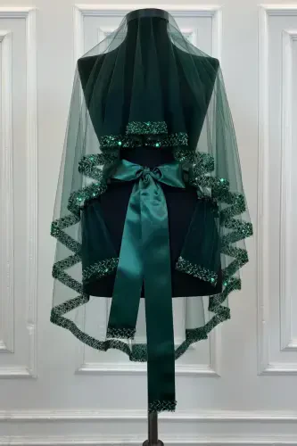 Emerald Green Elegant Bridal Veil Set, Henna Veil Set with Water Stone 6 Pieces - Emerald Green - ZEYMERADE (1)