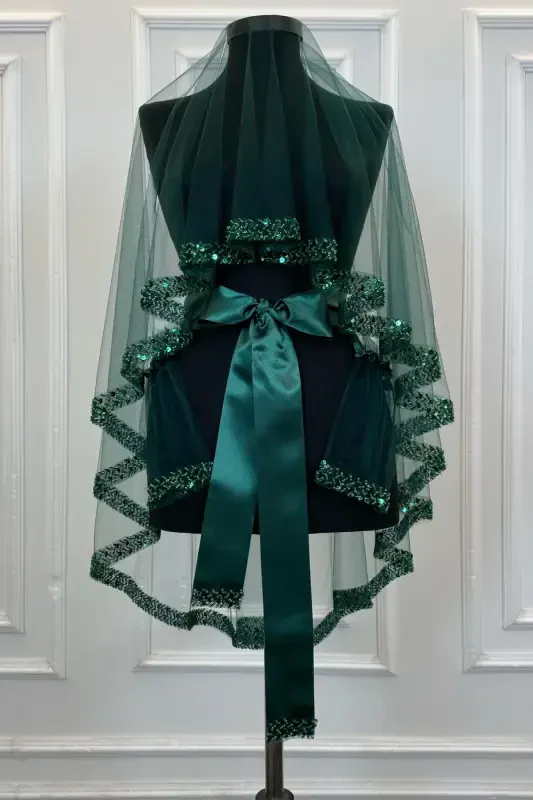 Emerald Green Elegant Bridal Veil Set, Henna Veil Set with Water Stone 6 Pieces - Emerald Green - 2