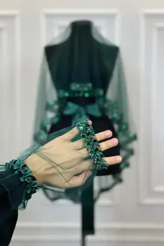 Emerald Green Elegant Bridal Veil Set, Henna Veil Set with Water Stone 6 Pieces - Emerald Green - 5