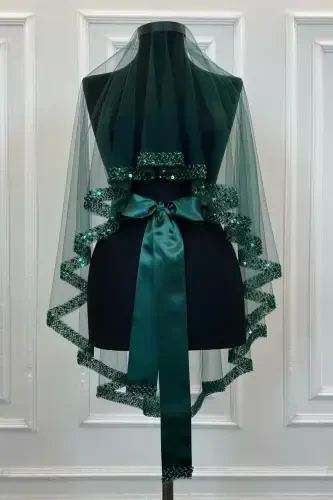 Emerald Green Elegant Bridal Veil Set, Henna Veil Set with Water Stone 6 Pieces - Emerald Green - 6