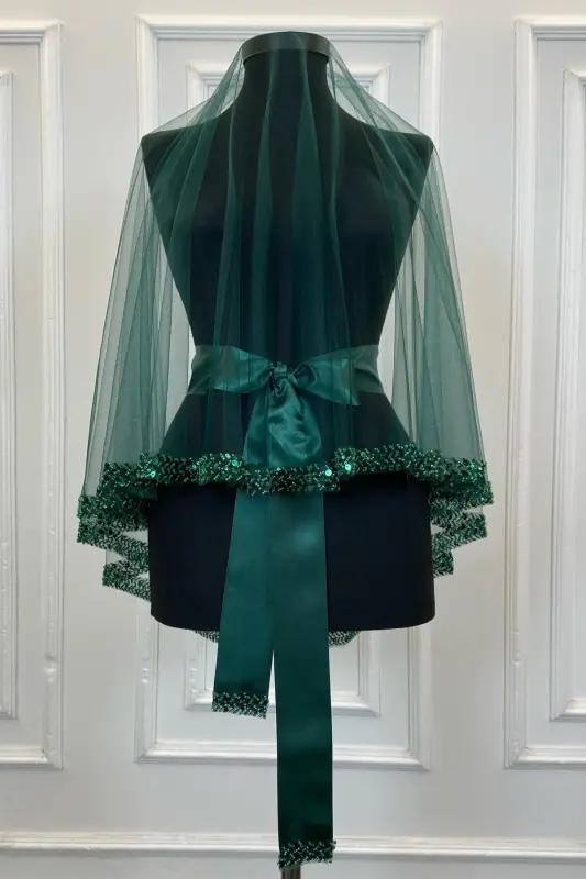 Emerald Green Elegant Bridal Veil Set, Henna Veil Set with Water Stone 6 Pieces - Emerald Green - 8