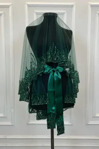 Emerald Green Flame Pattern Bridal Veil Set, Sequined Beaded Rhinestone Henna Veil Set 6 Pieces-Green - 1