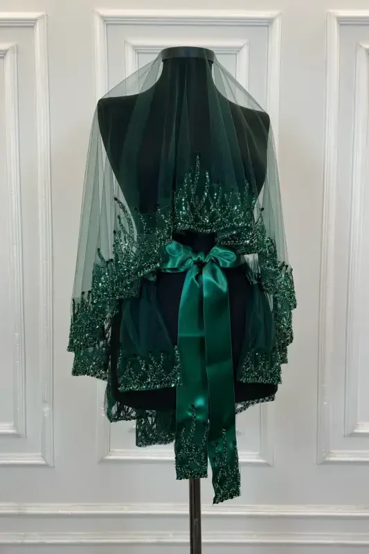 Emerald Green Flame Pattern Bridal Veil Set, Sequined Beaded Rhinestone Henna Veil Set 6 Pieces-Green - 1