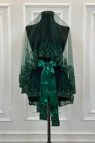 Emerald Green Flame Pattern Bridal Veil Set, Sequined Beaded Rhinestone Henna Veil Set 6 Pieces-Green - ZEYMERADE (1)