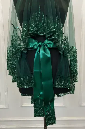 Emerald Green Flame Pattern Bridal Veil Set, Sequined Beaded Rhinestone Henna Veil Set 6 Pieces-Green - 3