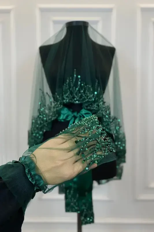 Emerald Green Flame Pattern Bridal Veil Set, Sequined Beaded Rhinestone Henna Veil Set 6 Pieces-Green - 4