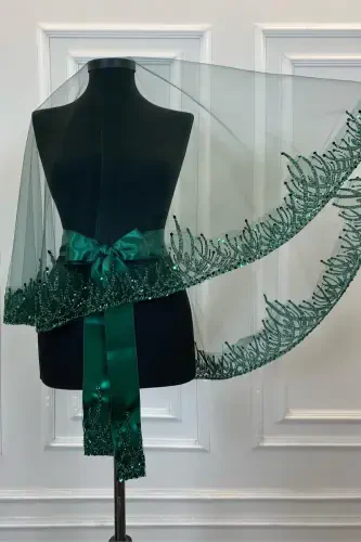 Emerald Green Flame Pattern Bridal Veil Set, Sequined Beaded Rhinestone Henna Veil Set 6 Pieces-Green - 6