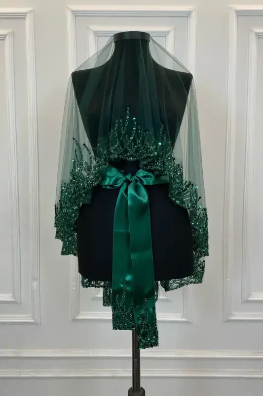 Emerald Green Flame Pattern Bridal Veil Set, Sequined Beaded Rhinestone Henna Veil Set 6 Pieces-Green - 7