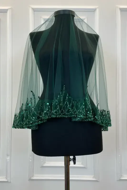 Emerald Green Flame Pattern Bridal Veil Set, Sequined Beaded Rhinestone Henna Veil Set 6 Pieces-Green - 8