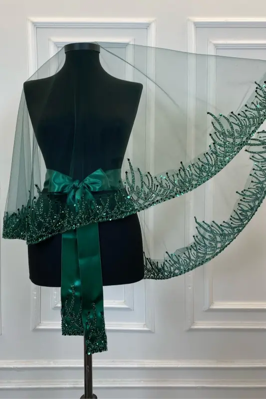 Emerald Green Flame Pattern Bridal Veil Set, Sequined Beaded Rhinestone Henna Veil Set 6 Pieces-Green - 6