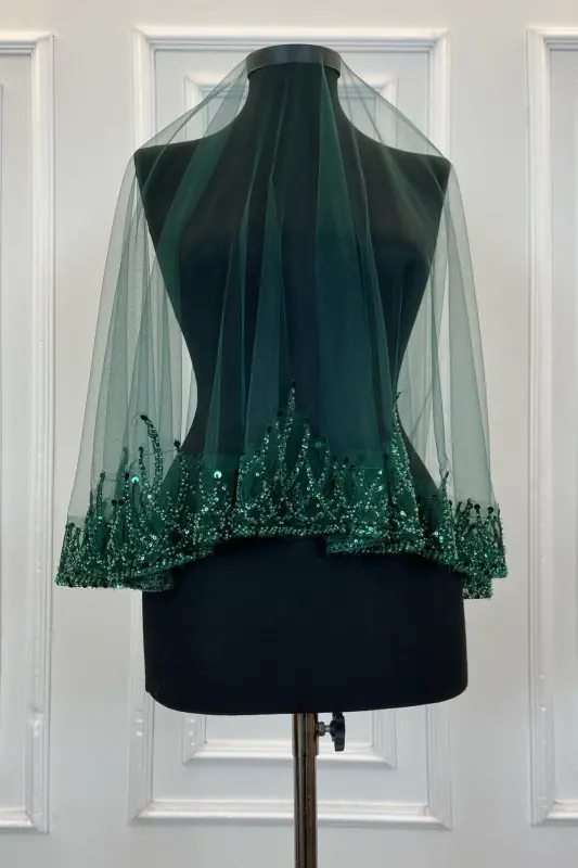 Emerald Green Flame Pattern Bridal Veil Set, Sequined Beaded Rhinestone Henna Veil Set 6 Pieces-Green - 8