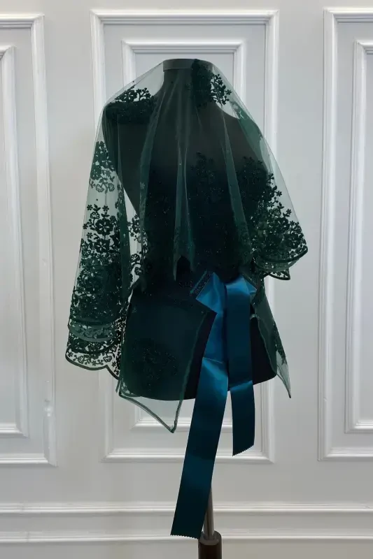 Emerald Green Glittery Double Patterned Bridal Veil Set, Henna Veil-FLOKÇİFTDESENYEŞİL - 1