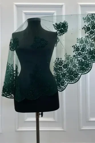 Emerald Green Glittery Double Patterned Bridal Veil Set, Henna Veil-FLOKÇİFTDESENYEŞİL - ZEYMERADE (1)