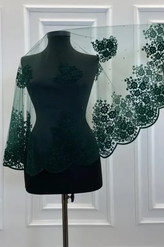 Emerald Green Glittery Double Patterned Bridal Veil Set, Henna Veil-FLOKÇİFTDESENYEŞİL - 2