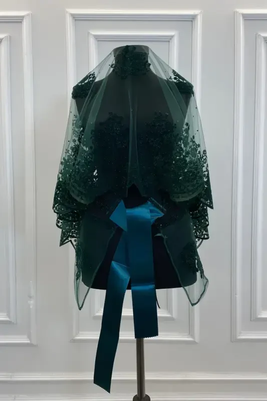 Emerald Green Glittery Double Patterned Bridal Veil Set, Henna Veil-FLOKÇİFTDESENYEŞİL - 3