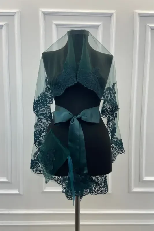 Emerald Green Lace Bridal Veil Glove Sash Complete Set-Emerald Green - 1