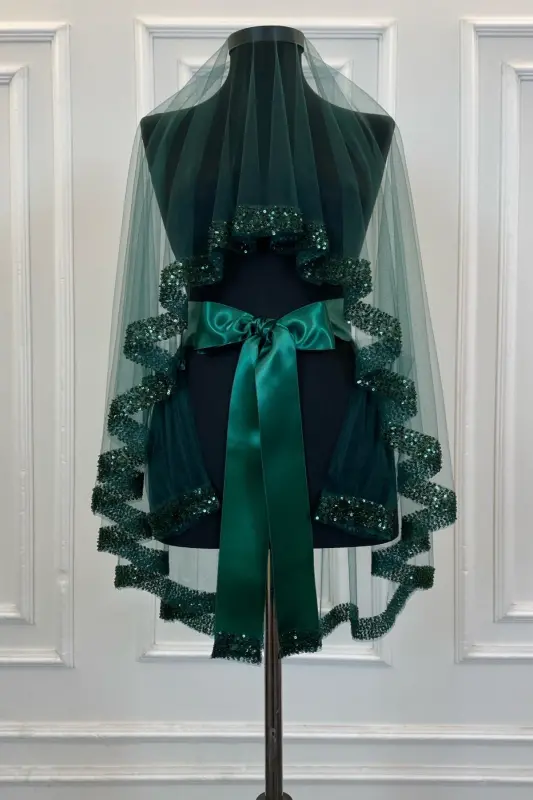 Emerald Green Orchid Bridal Veil Set, Henna Veil Set with Water Stone 6 Pieces-Emerald Green - 2