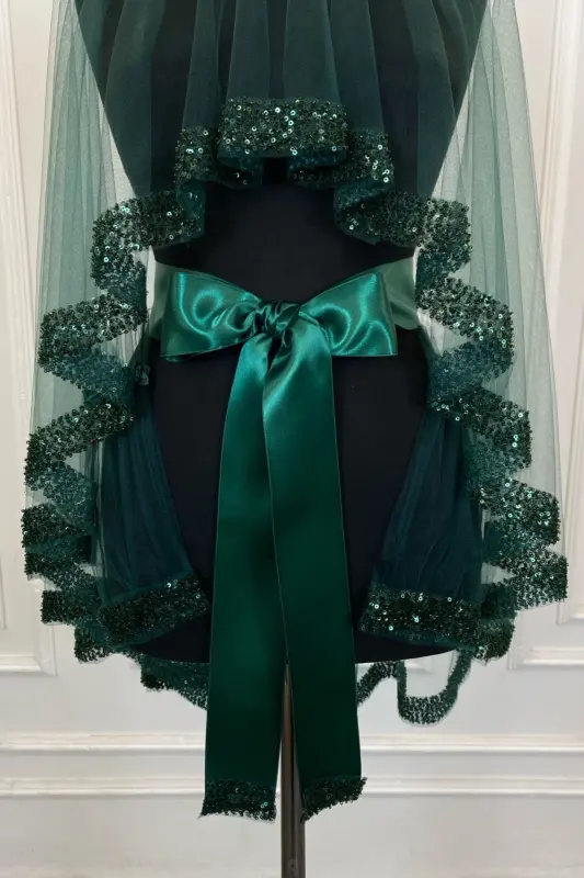 Emerald Green Orchid Bridal Veil Set, Henna Veil Set with Water Stone 6 Pieces-Emerald Green - 3