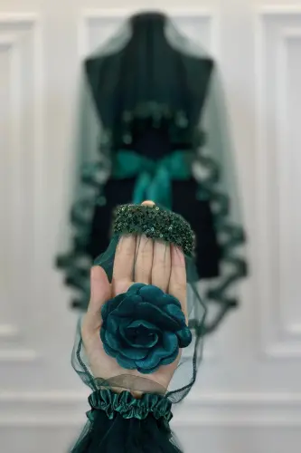 Emerald Green Orchid Bridal Veil Set, Henna Veil Set with Water Stone 6 Pieces-Emerald Green - 4