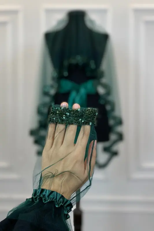 Emerald Green Orchid Bridal Veil Set, Henna Veil Set with Water Stone 6 Pieces-Emerald Green - 5