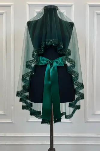 Emerald Green Orchid Bridal Veil Set, Henna Veil Set with Water Stone 6 Pieces-Emerald Green - 6