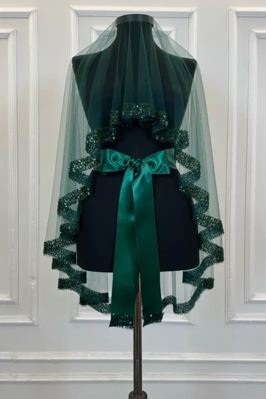 Emerald Green Orchid Bridal Veil Set, Henna Veil Set with Water Stone 6 Pieces-Emerald Green - 6