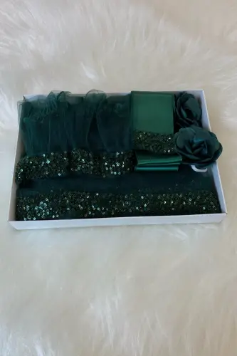 Emerald Green Orchid Bridal Veil Set, Henna Veil Set with Water Stone 6 Pieces-Emerald Green - 8