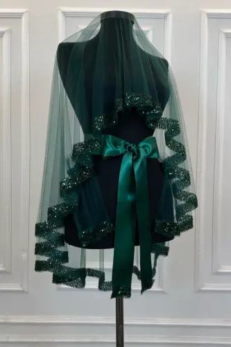 Emerald Green Orchid Bridal Veil Set, Henna Veil Set with Water Stone 6 Pieces-Emerald Green - 1