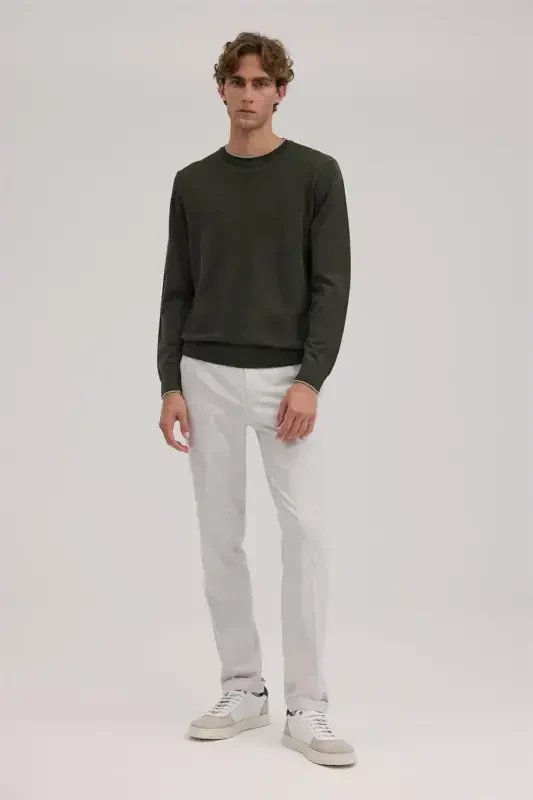 Emerald Green Slim Fit Crew Neck V Fluffy Wool Knit Sweater - 2