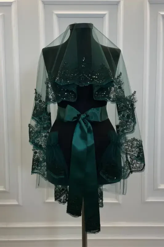 Emerald Green Sparkling Laced Henna Veil Set, Bridal Veil Set - Emerald Green - ZEYMERADE