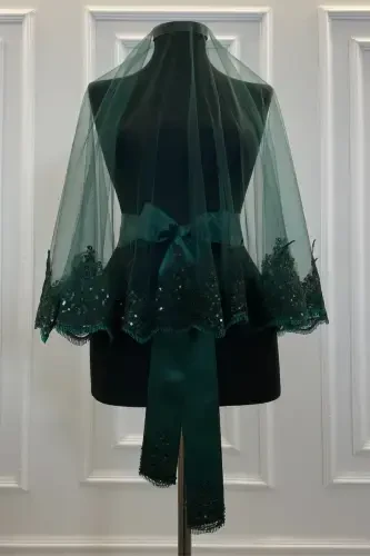 Emerald Green Sparkling Laced Henna Veil Set, Bridal Veil Set - Emerald Green - 2