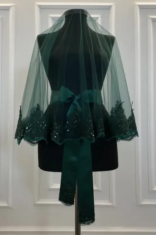 Emerald Green Sparkling Laced Henna Veil Set, Bridal Veil Set - Emerald Green - 2