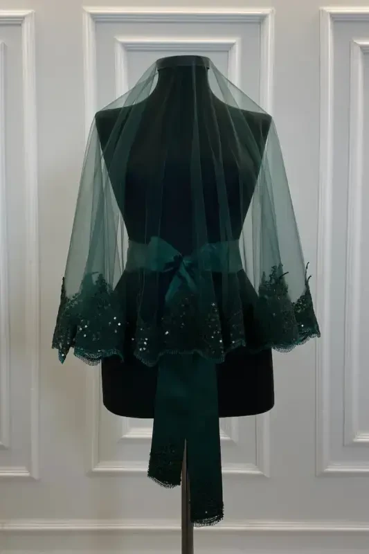 Emerald Green Sparkling Laced Henna Veil Set, Bridal Veil Set - Emerald Green - 4