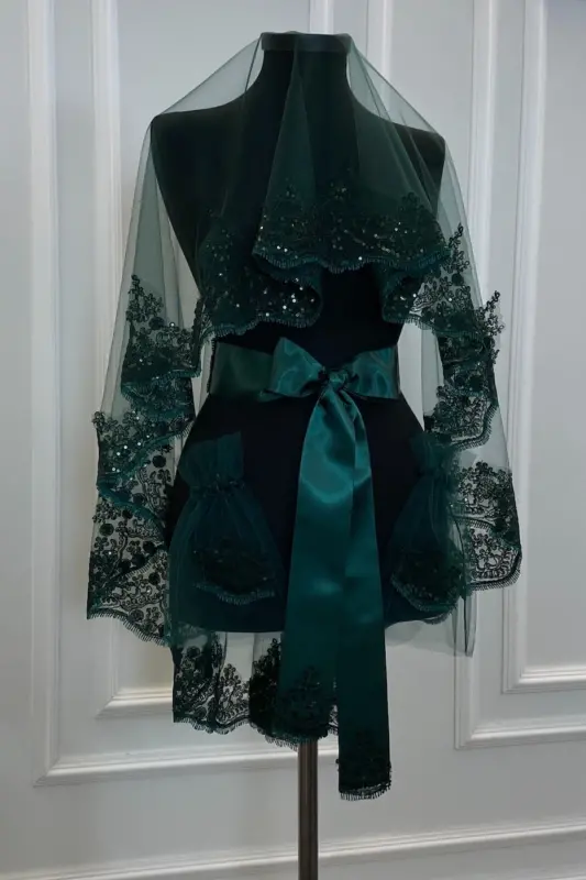 Emerald Green Sparkling Laced Henna Veil Set, Bridal Veil Set - Emerald Green - 2