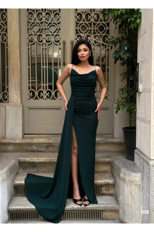Emerald Green Strappy Glittery Fukuro Fabric Evening Dress-Emerald - 1