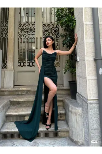 Emerald Green Strappy Glittery Fukuro Fabric Evening Dress-Emerald - 3