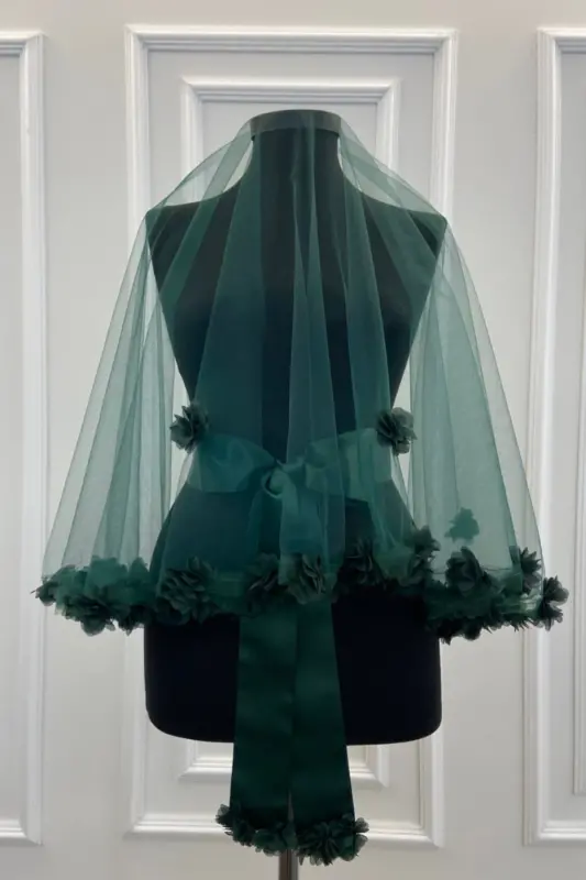 Emerald Green Three Dimensional Bridal Veil Set-Emerald Green - ZEYMERADE