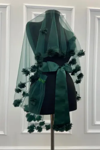 Emerald Green Three Dimensional Bridal Veil Set-Emerald Green - ZEYMERADE (1)