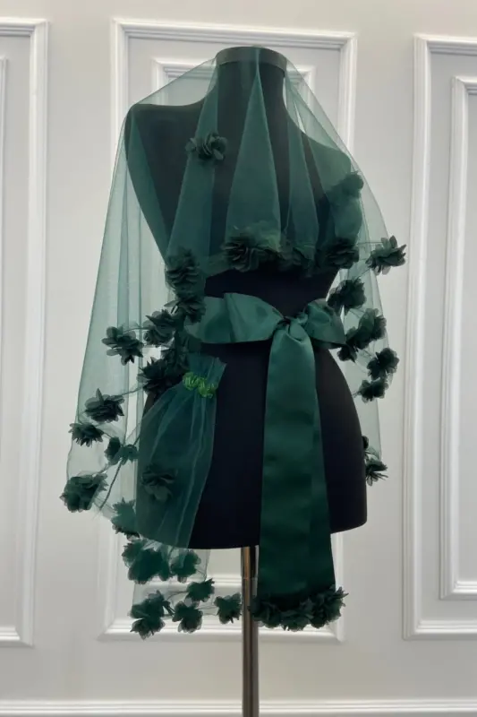 Emerald Green Three Dimensional Bridal Veil Set-Emerald Green - 2
