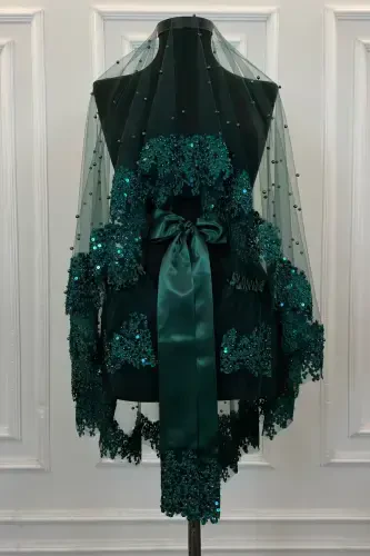 Emerald Green Vip Bridal Veil Set, Daisy Guipure Beaded Sequined Pearly Henna Veil Set 6 Pieces-Green - 1