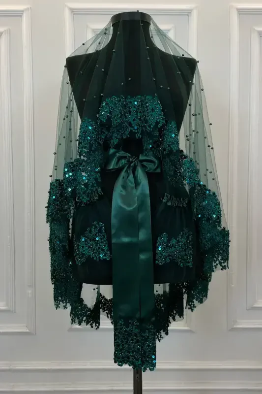 Emerald Green Vip Bridal Veil Set, Daisy Guipure Beaded Sequined Pearly Henna Veil Set 6 Pieces-Green - 1