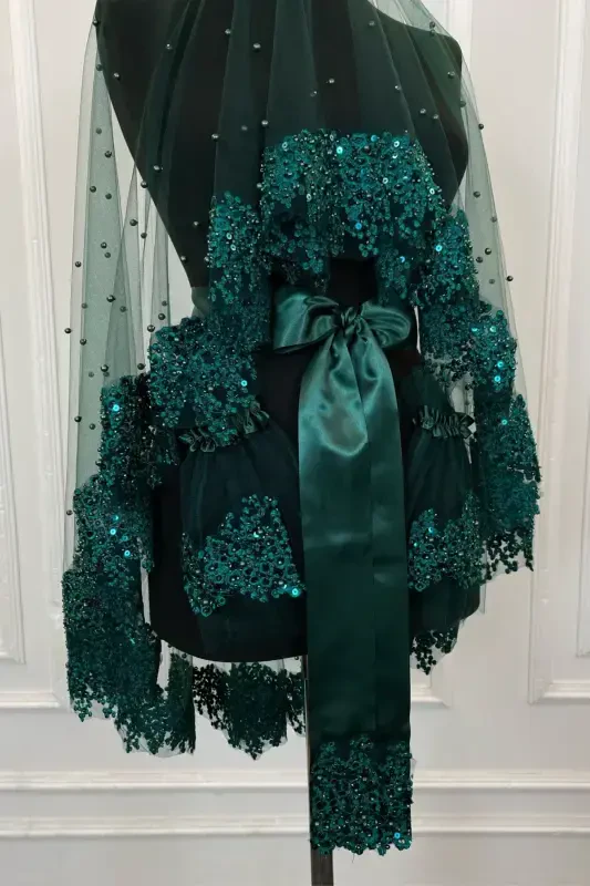 Emerald Green Vip Bridal Veil Set, Daisy Guipure Beaded Sequined Pearly Henna Veil Set 6 Pieces-Green - 2