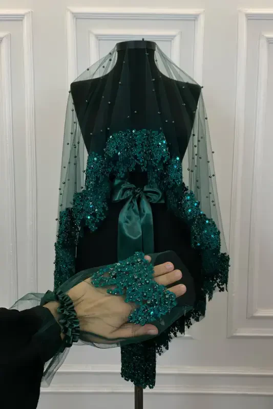 Emerald Green Vip Bridal Veil Set, Daisy Guipure Beaded Sequined Pearly Henna Veil Set 6 Pieces-Green - 3