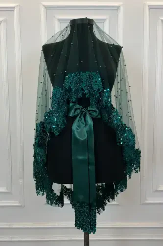 Emerald Green Vip Bridal Veil Set, Daisy Guipure Beaded Sequined Pearly Henna Veil Set 6 Pieces-Green - 5