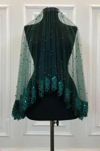 Emerald Green Vip Bridal Veil Set, Daisy Guipure Beaded Sequined Pearly Henna Veil Set 6 Pieces-Green - 6