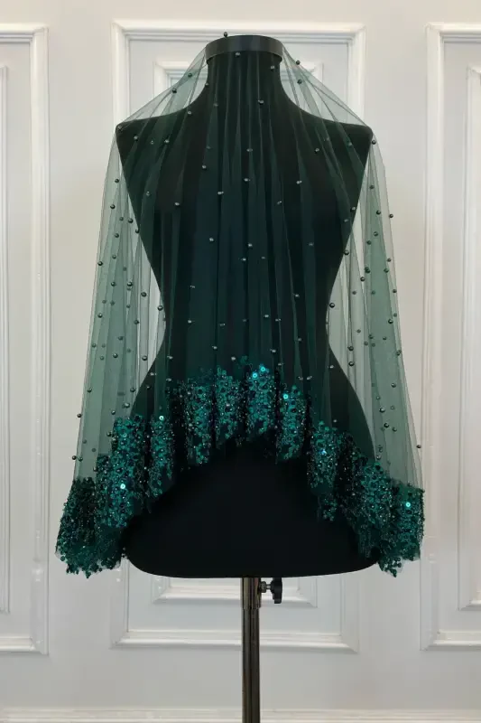 Emerald Green Vip Bridal Veil Set, Daisy Guipure Beaded Sequined Pearly Henna Veil Set 6 Pieces-Green - 6