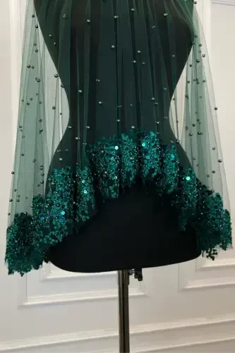 Emerald Green Vip Bridal Veil Set, Daisy Guipure Beaded Sequined Pearly Henna Veil Set 6 Pieces-Green - 7