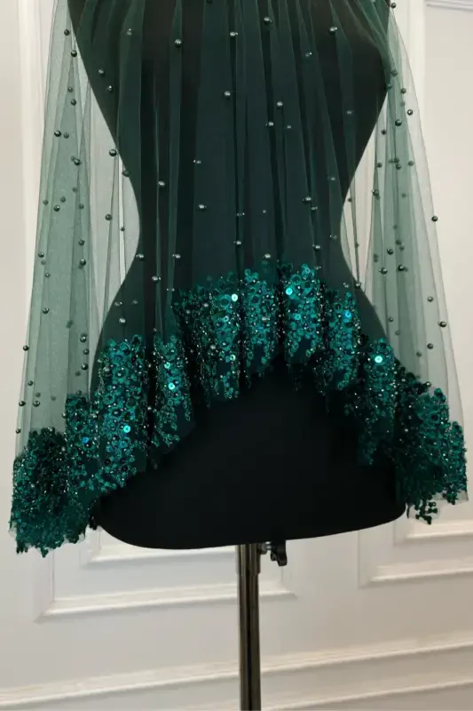 Emerald Green Vip Bridal Veil Set, Daisy Guipure Beaded Sequined Pearly Henna Veil Set 6 Pieces-Green - 7