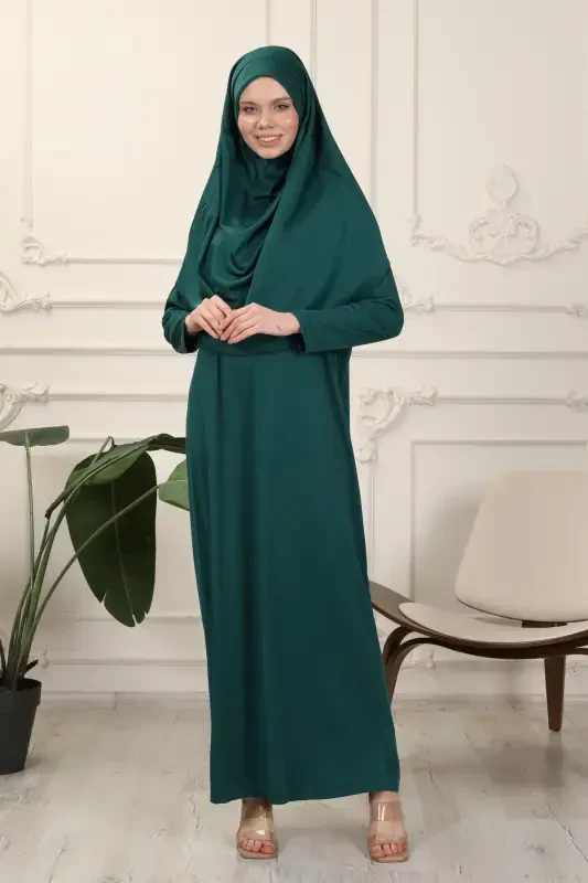 Emerald One Piece Easy-to-Wear Self-Hijab Prayer Dress-Emerald Green - 1